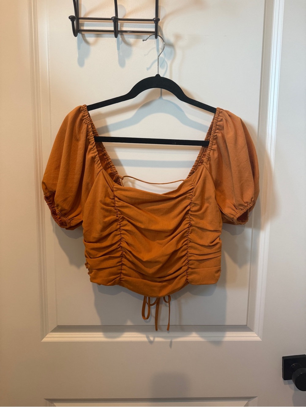 Rust Orange Ruched Puff Sleeve Crop Top